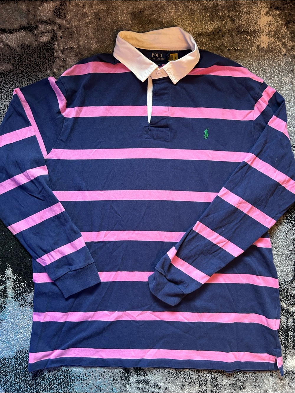 XXL Polo Ralph Lauren Mens Classic Fit Long Sleeve Striped Rugby Polo Navy/Pink